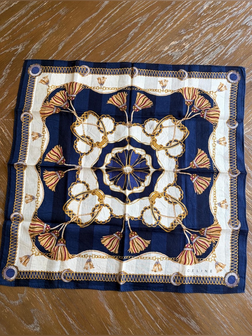 Celine White Cotton Scarf Scarves Pocket Square 18" X 18" Blue White